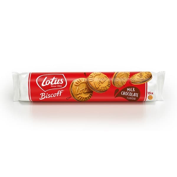 Front view of product: Lotus Biscoff Sandwich Cookies - Milk Chocolate