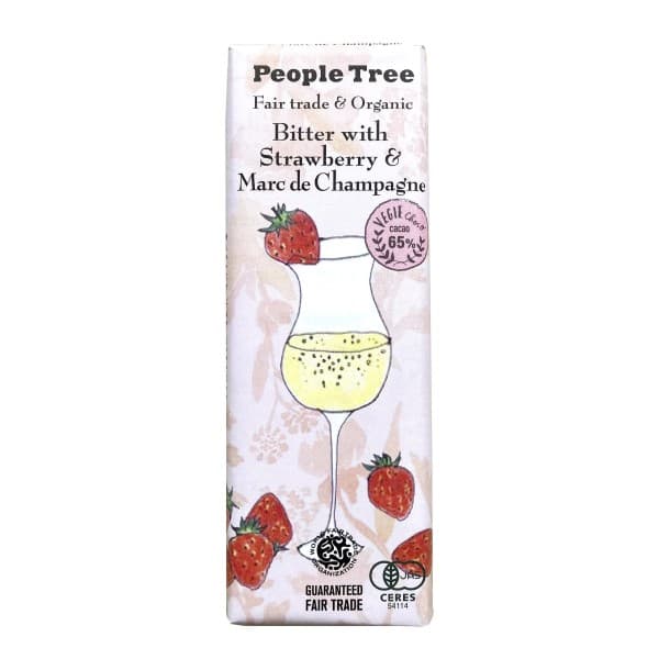 Front view of product: People Tree Fair Trade Bar Chocolate, Bitter with Strawberry & Marc de Champagne