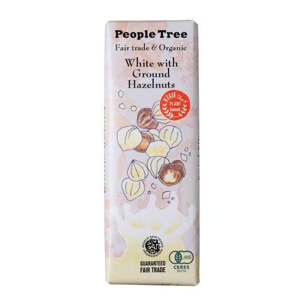 Front view of product: People Tree Fair Trade Bar Chocolate, White with Ground Hazelnuts